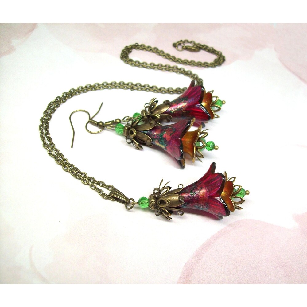 Art Nouveau Jewelry Set Vintage Style, Antique Bronze, Hand Painted, Artisan Cra